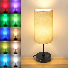 3CCT Bedside Table Lamp, Ambience RGB Color Changing for Decor, Dimmable Nightstand Lamp with Dual USB Charging Ports, Touch Control Small Lamp for Bedroom, Dorm, Home Office, Living Room, Beige Shade