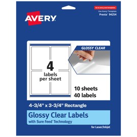 Avery Glossy Clear Rectangle Labels with Sure Feed, 4.75" x 3.75", 40 Glossy Clear Labels, Print-to-The-Edge, Laser/Inkjet Printable Labels