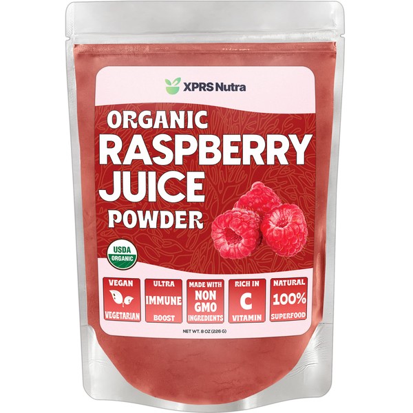 XPRS Nutra Organic Raspberry Juice Powder - Raspberry Powder Supplement - Raspberry Juice Powder Organic Fruit - Immune System Support with Vitamin C - Vegan Smoothie and Drink Supplement - (8 oz)