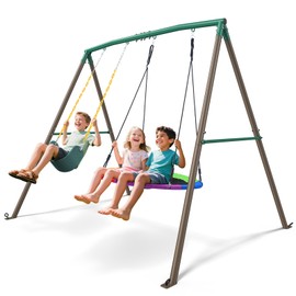 Trekassy 440lbs 2 Seat Swing Sets for Backyard, 1 Saucer Swing and 1 Belt Swing with Heavy Duty Outdoor A-Frame Metal Swing Stand for Playground(Brown)