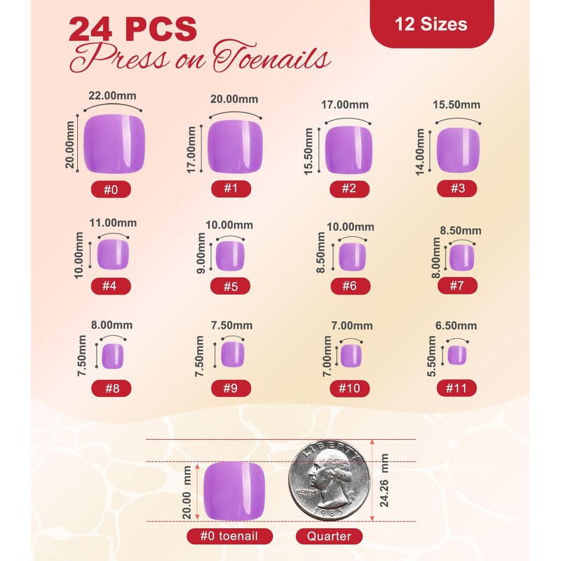 Morily Solid Deep Purple Press on Toenails for Women, 24