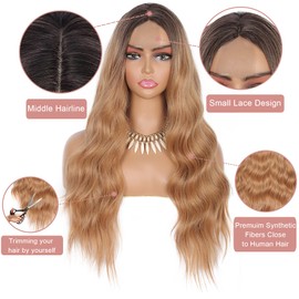 Kalyss 26“ Edge Lace Front Curly Wigs Long Ombre Brown to Golden Blonde Body Wavy Wigs for Woman Center Parting Human Hair Blended Heat Resistant Lace Frontal Wigs