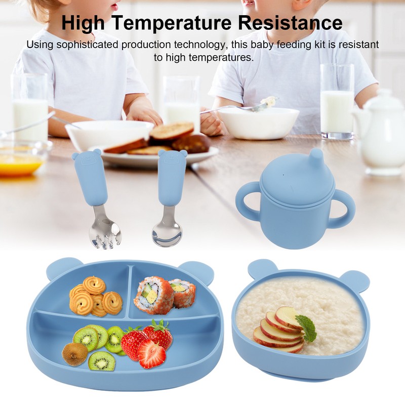 5pcs Baby Feeding Kit Food Grade Silicone Bear Design Plate