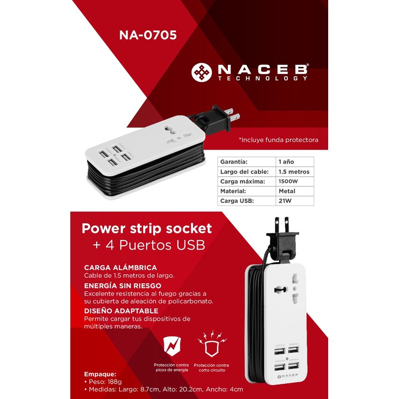 NACEB Adaptador DE Socket EXTENSIÓN para Viaje con 4 Puertos