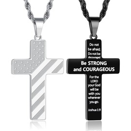 TINGN 2PCS Cross Necklaces for Men Women Stainless Steel America Flag Necklace Cross Chain Pendant Necklace Silver Black Bible Verse Religious Jewellery