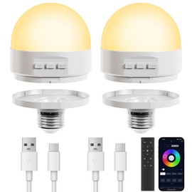 MXhme E26 2.4Ghz Rechargeable Light Bulb with Remote Control,Battery Operated Light Bulb for Sconces and Lamps, E26 Detachable Charging for Non-Hardwired Fixture,Dimmable 3000K-6500K RGBWW,2Pack
