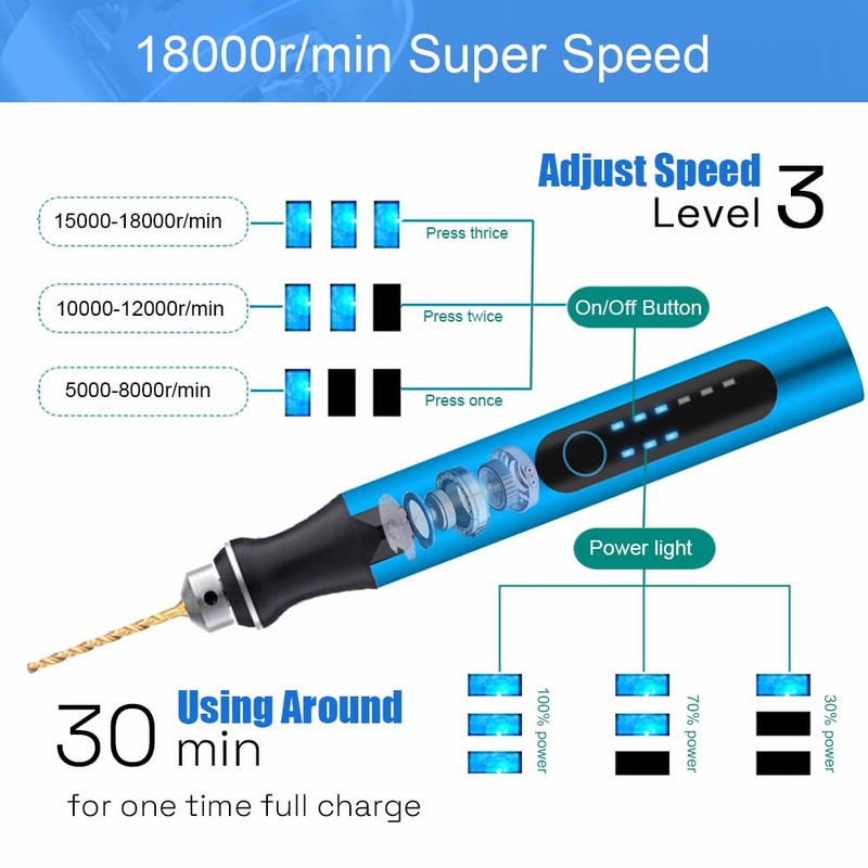 3-Speed Cordless Mini Drill Pen With 8 Small Drill Bits,Rechargeable