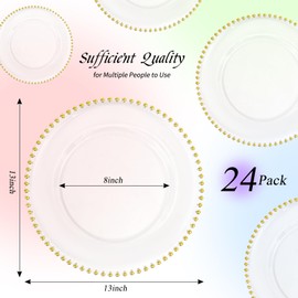 24 Pack Clear Charger Plates 13 Inch Clear Plastic Charger Plates with Beaded Rim Acrylic Round Dinner Plates for Home Kitchen Catering Wedding Table Event Party Dinner Tabletop Decoration (Gold)
