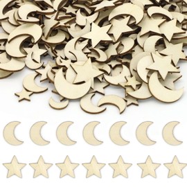 Wooden Star and Moon Eid Decorations, 200PCS Mixed Size Wood Star Moon Slices Embellishment for Crafting Wedding Party Scrapbook DIY Decoration A5MPXXYL