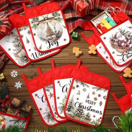 Roshtia 12 Pcs Christmas Pot Holders with Pocket Neutral Xmas Farmhouse Pot Holders for Kitchen Winter Hot Pads Oven Mitts Cookie Bag Cute Heat Resistant Oven Gloves for Kitchen Gift Baking Cooking