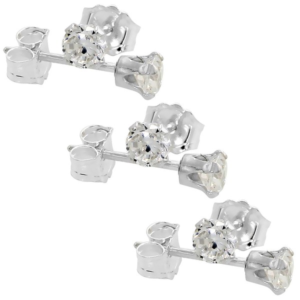 3-Pair Set Sterling Silver 4mm Cubic Zirconia Studs Earrings 4