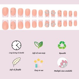White Square French Tip Press on Nails Hort Medium Fake Nails Fantasy 3d Glue on Nails with Butterfly Rhinestone Designs for Women Full Cover Artificial False Nails Diy Acrylic Nail for Wedding 24pcs