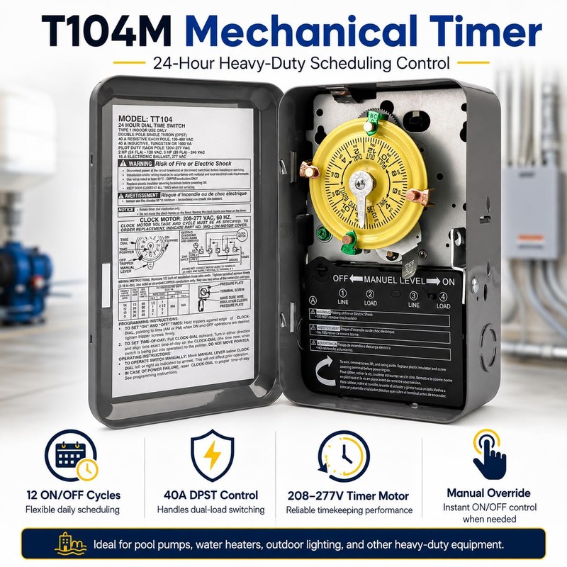T104M Mechanical Timer Switch (Mechanism Only),208-277 VAC 5HP 40A DPST