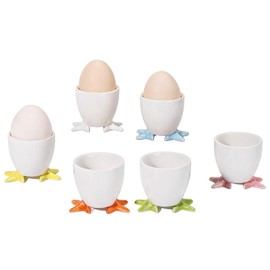 Set of 6 Ceramic Egg Cups with Colorful Duck Feet - Adorable Egg Holder for Fridge, Countertop or Table, Decorative Boiled Egg Tray, Unique Gift for Kitchen & Breakfast Lovers