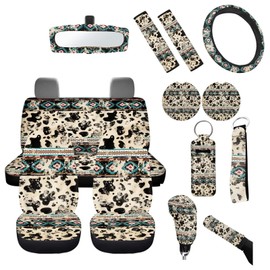 FUIBENG Western Aztec Cow Automotive Seat Cover Full Set Car Protection Accessory,Comfy Elastic Front Rear Bench Seat Covers for Most Vehicle,Steering Wheel Cover,Keychain,Coaster,Mirror Covers