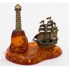 Solid Brass Amber Figurine Caravel Frigate Ship and light house