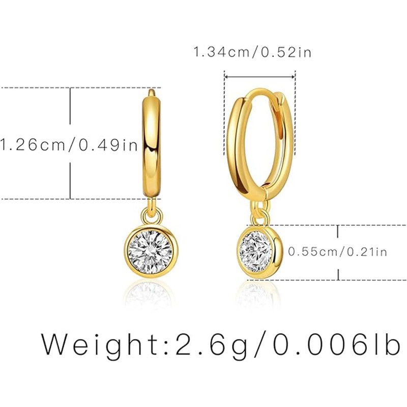 18k Gold-Plated Copper Crystal Drop Earrings Simple Single Round Zircon