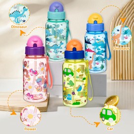 600ml Kids Water Bottle with Straw & Brush, Leakproof Dinosaur Design Children Drinks Bottle with Carry Strap Ideal for School, Sports, Travel, Picnic (Green Dinosaurs)