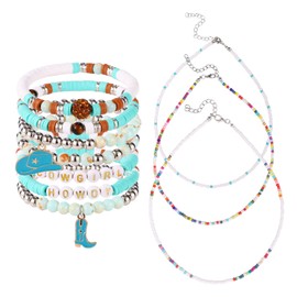 Mikovivi 10pcs Cowgirl Beaded Bracelets Set, Include 7 Stackable Western Beaded Stretch Bracelets with Cowgirl Hat and Boot Charms and 3 Necklaces Y2K Style Boho Summer Beach Jewelry for Female(Blue)