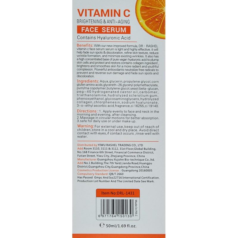 Dr. Rashel Vitamin C Face Serum - Hyaluronic Acid, Brightening,