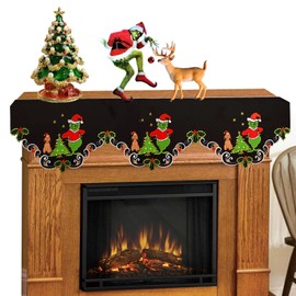 Grelucgo Embroidered Christmas Holiday Mantel Scarf Top Runner 70×17 Inches (Grinch)