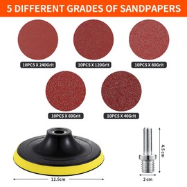 SOSINYA Sanding Discs Set: Sanding Disc 125 Velcro with M14 Sanding Pad and Connecting Rod, 50 x Sandpaper 125 mm Velcro, Grit 10 x 40/60/80/120/240, for Angle Grinders for Grinding/Polishing/Rust