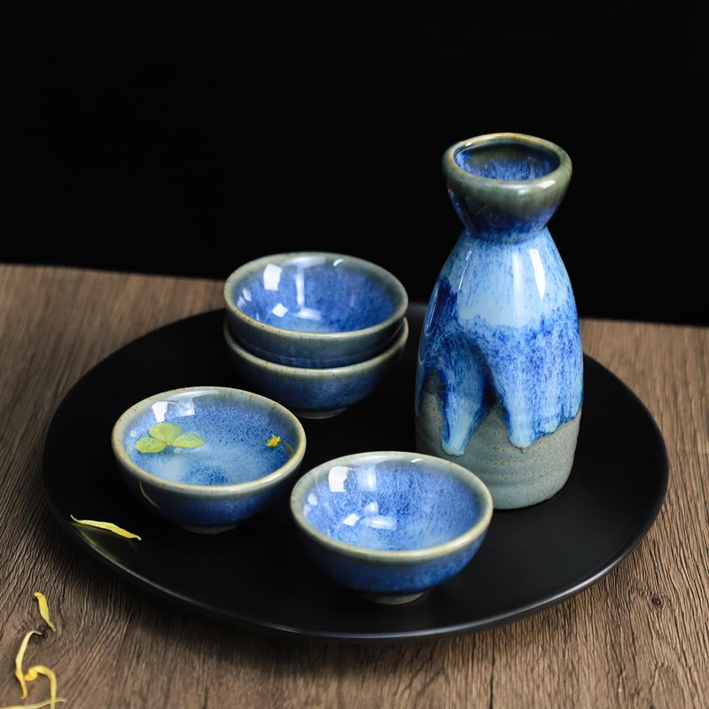 Sizikato 5-Piece Kiln-Change Ceramics Sake Set Include 1PCS Sake Bottle