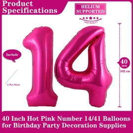 Hot Pink 14 Number Balloons, 40 Inch Giant Number 14 Balloons Foil Mylar Helium Hot Pink Number Balloons for 14th Birthday Party Supplies Anniversary Event Celebration Decorations