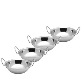 Kosma Set of 4 Stainless Steel Serving Balti Dish - 15cm | Metal Balti Bowl with Handle | Indian Serving Dish