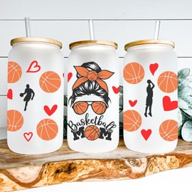 Basketball Mom Gifts for Mother's Day, Frosted Glass Tumbler, 16 OZ Glass Cups, Smoothie Cups, Reusable Boba Cup, Glass Cup with Bamboo Lid and Straw, Best Gift Ideas - Set of 1