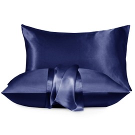 Moonlight Bedding Navy Satin Pillowcases 2 Pack- Pillowcase for Hair and Skin Luxury Satin Silk Pillowcases with Envelope Closure Satin Pillow Case Standard Size (50x75cm)