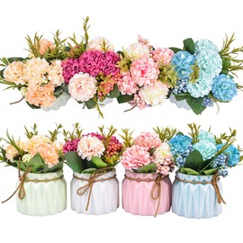 Artificial Flower Plants – Mini Fake Hydrangea Flowers in Pot for Home Decor Party Wedding Office Patio Table Desk Decoration, Set of 4, Size: 3.3''(Diameter) x 5.5''(Tall)