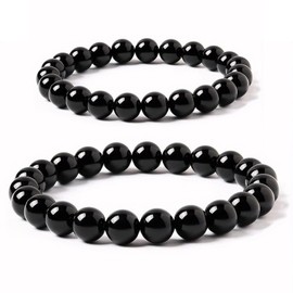 Carreneu Pack of 2 tourmaline bracelets, black, suitable for men and women, can be given as a gift for family, friends and colleagues (8 mm, 10 mm)