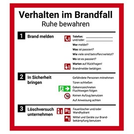 Sign Notice Behavior in the event of a fire, 18 x 20 cm, ISO 7010, operating exit emergency plan
