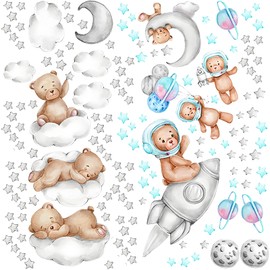 ZHIGOU 8 Sheets Of Bear Wall Sticker Sleeping On The Cloud Moon - Space Bear Star Wall Decal, Cute Girl Room Decoration, Suitable For Baby Room, Bedroom, Kindergarten, Nursery, Diy Wall Decoration