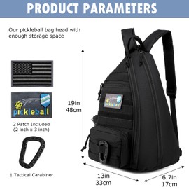 SunForMorning Pickleball Bag, Tactical Pickleball Backpack for Women Men, Adjustable Sling Bag with Fence Hook Water Bottle (Includes 2 Patches+1Carabiner), Black