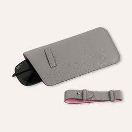 COGURE COP-GC Glasses Case, Sunglasses Case, Open Type, With Belt, Genuine Leather, Shrink Calf Leather, Thin, Slim, Lightweight, Unisex, Gift Box Included, grege + pink