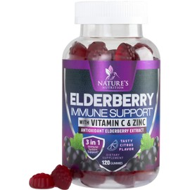 Immune Support Gummies with Sambucus Black Elderberry Extract, Zinc & Vitamin C Gummy, Nature's Natural Vegan Immune Support Supplement for Adults & Children, Delicious Elderberry Gummy - 120 Gummies