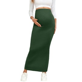 AISWI 2024 - Falda larga de punto acanalado con cintura ajustable para maternidad sobre el vientre, Verde, XX-Large
