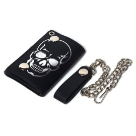 Leatherboss Genuine Leather Trifold Cool Skull Biker Chain Credit Card Cash with ID Holder Wallet