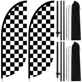 Remagr 2 Sets Feather Flag Pole Kit Black and White Checkered Windless Banner Flag 7 Feet Tall Stainless Steel Pole Kit for Races, Events, Festivals