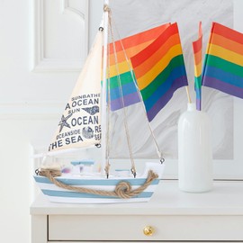 Sailboat Model LED Model Boat Interior Figurine Sailboat Model Wooden Sailboat Model Office Room Decoration Blue 21.5 x 5 cm