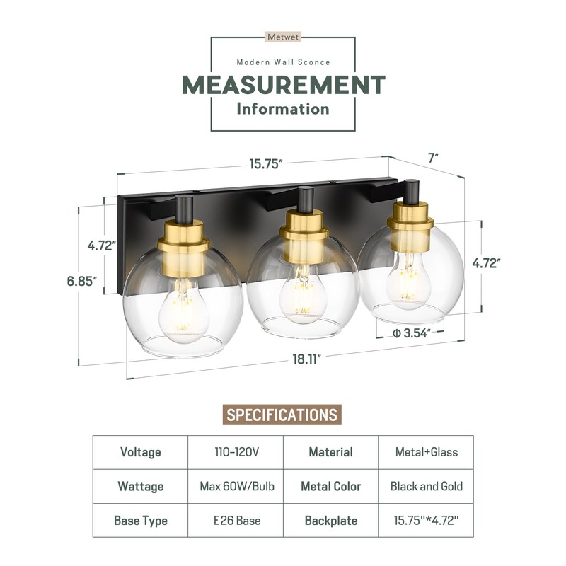 METWET Bathroom Light Fixtures, 3-Light Black and Gold Bathroom Vanity