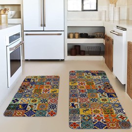 HSOWKDN Mexican Talavera Kitchen Rugs Sets of 2 Non Slip Washable, Mexican Tile Kitchen Mats for Floor 2 Piece Home Decor