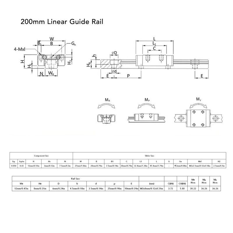 200mm Linear Guide Rail with 2 Sliding Blocks MGN12H Bearing