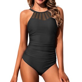 Holipick Black Women Tummy Control One Piece Swimsuit Modest Bathing Suit Full Coverage High Neck Swimwear L