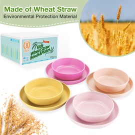 Mfacoy Wheat Straw Kids Plates and Bowls Set, Unbreakable Kids Dinnerware Set - 4 Pcs 7.75" Dinner Plates & 4 Pcs 18 oz Cereal Bowls, BPA Free, Microwave & Dishwasher Safe, Reusable Childrens Dishes