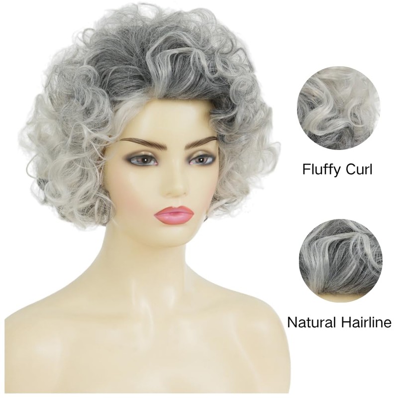 Grey Short Curly Wig Womens Fluffy Natural Looking Wig Synthetic