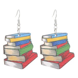 Classic Stack of Books Drop Dangle Earrings Librarian Teacher Easy Hook Clay for Women Girl Creative Novel Teach Graduation Jewelry, Resin Metal, metal