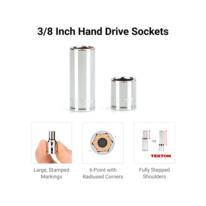 TEKTON 3/8 Inch Drive 6-Point Socket and Ratchet Set with
